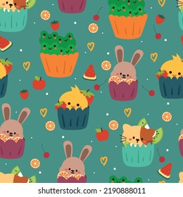 seamless pattern cartoon animal cupcake. cute animal wallpaper for textile, gift wrap paper