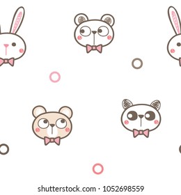 Seamless Pattern of Cartoon Animal Face on White Background