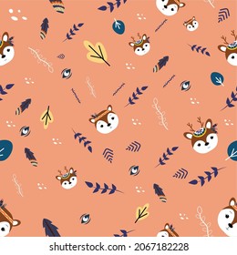Padrão Perfeito De Cartoon Animal Face, Folhas E Penas Em Estilo Boho