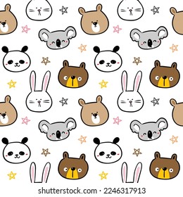 Seamless Pattern with Cartoon Animal Face Design on White Background