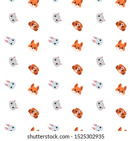 Seamless pattern of cartoon animal faces on white background. Cute childish print. Vector 8 EPS.