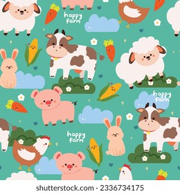 granja de animales de dibujos animados sin costura. lindas ovejas, vacas, cerdos, pollos y conejo