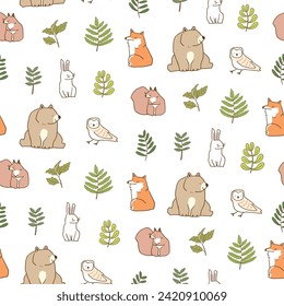 Seamless Pattern of Cartoon Animal and Leaf Design on White Background