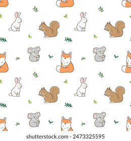 Seamless Pattern of Cartoon Animal and Leaf Design on White Background
