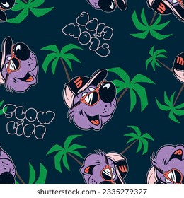 Seamless pattern of a cartoon animal with palm tree and typography elements. For Boys t-shirt.