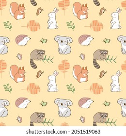 Seamless Pattern with Cartoon Animal, Rabbit, Koala, Raccoon, Hedgehog, Butterfly and Squirrel Design on Yellow Background