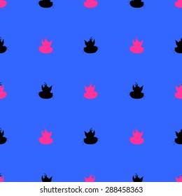 Seamless pattern of cartoon animals cats, hot pink and black on a blue indigo background
