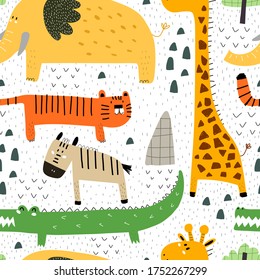 Seamless pattern with cartoon animals. colorful vector for kids. hand drawing, flat style. baby design for fabric, print, textile, wrapper