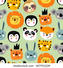 Seamless pattern with cartoon animals, decor elements . colorful vector for kids. hand drawing, flat style. baby design for fabric, print, textile, wrapper