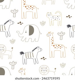 Seamless pattern with cartoon animals, decor elements. colorful vector for kids. hand drawing, flat style. baby design for fabric, print, textile, wrapper