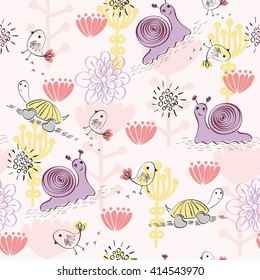 Seamless pattern with cartoon animals with flowers.