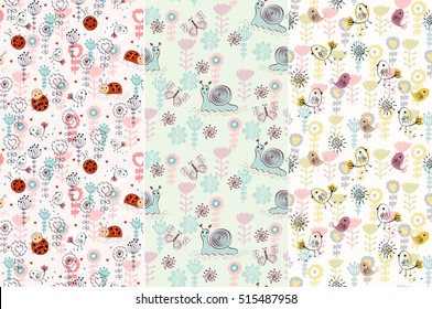 Seamless pattern with cartoon animals with flowers.