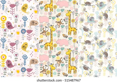 Seamless pattern with cartoon animals with flowers.