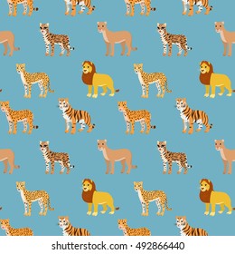 Seamless pattern with cartoon animals. Funny endless background with lion leopard cheetah ocelot puma and tiger. African pattern. Vector illustration.