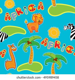 Seamless pattern with cartoon animals - giraffe, leon and zebra and handdrawn word Africa - hand made cutout images - Background for children. 
