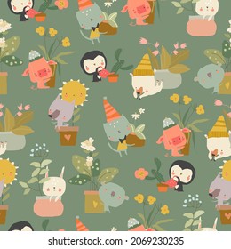 Seamless Pattern with Cartoon Animals and Houseplants