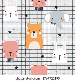 Seamless pattern with cartoon animals. Kids cute print. Vector hand drawn illustration.