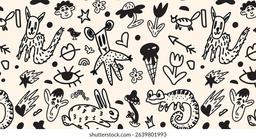 Seamless pattern with cartoon animals, monsters, plants and abstract elements in childish black ink doodle style. Creative hand drawn design for kids. Vector illustration.