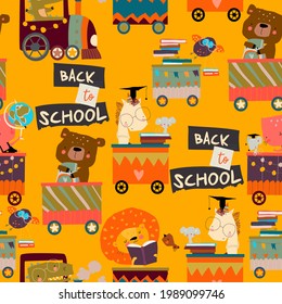 Seamless Pattern with Cartoon Animals riding to the School by Train