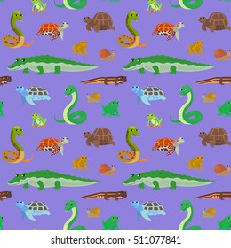Seamless pattern with cartoon animals. Sea endless purple background with crocodile snake turtle frog newt. Vector illustration.