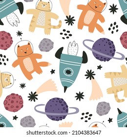 seamless pattern with cartoon animals in space, planet, spaceship, decor elements. Colorful vector for kids, flat style, hand drawing. baby design for fabric, print, nursery wallpaper, textile