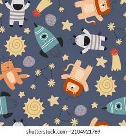 seamless pattern with cartoon animals in space, planet, spaceship, decor elements. Colorful vector for kids, flat style, hand drawing. baby design for fabric, print, nursery wallpaper, textile