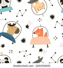 seamless pattern with cartoon animals in space, stars, decor elements. Colorful vector for kids, flat style, hand drawing. baby design for fabric, print, nursery wallpaper, textile