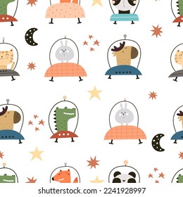 seamless pattern with cartoon animals in space, stars, decor elements. Colorful vector for kids, flat style, hand drawing. baby design for fabric, print, nursery wallpaper, textile
