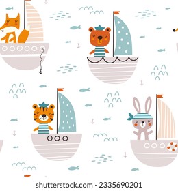 Seamless pattern with  cartoon animals  traveling by ship.  Vector illustration