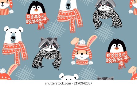 Patrón sin foco con animales de dibujos animados en pañuelos cálidos de invierno y sombrero.Oso polar, conejito, mapache y pingüino en rojo, blanco y negro sobre azul.Borde vector lindo para imprimir en tela y papel.