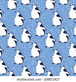 Seamless pattern, cartoon Antarctic penguins on a blue background with snowflakes. Vector