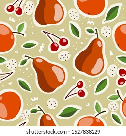 Seamless pattern with cartoon apple, pear, cherry, leaves, decor elements, dots on a neutral background. fruit theme. vector. hand drawing. design for fabric, print, wrapper, textile