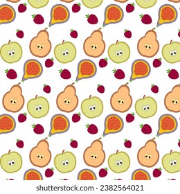 Seamless pattern with cartoon apple, pear, fig, strawberry, decor elements. colorful vector. hand drawing, flat style.design for fabric, print, textile, wrapper