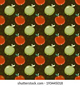 Seamless pattern with cartoon apples and circles. Fruit. Food background. Hand drawing illustration. Wallpaper. Endless texture. Retro. Vintage style - vector