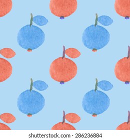 Seamless pattern with cartoon apples. Hand-drawn background. Vector illustration. Real watercolor drawing.