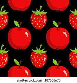 Seamless pattern with cartoon apples and strawberries on a black background - vector 