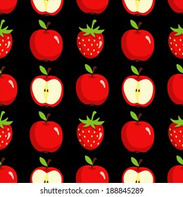Seamless pattern with cartoon apples and strawberries on a black background - vector 