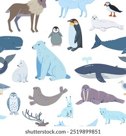 Seamless pattern with cartoon arctic and antarctic animals. Vector hand-drawn illustration.