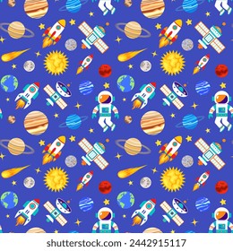 Seamless pattern with cartoon astronaut, planet, satellite, Earth, moon, sun