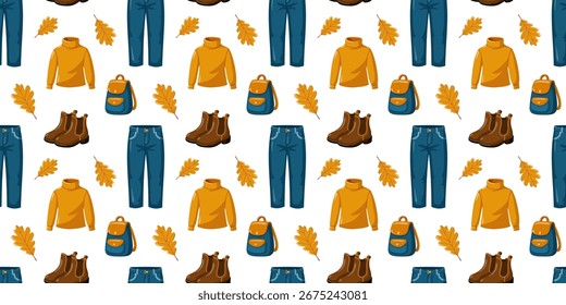 Patrón sin costuras con ropa de otoño de dibujos animados, jeans, suéteres y hojas. Fondo de follaje de Vector. 