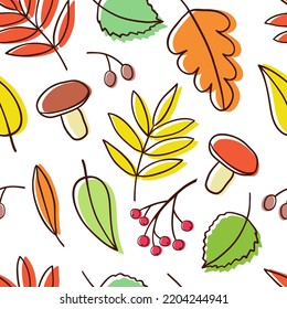Seamless pattern with cartoon autumn falling leaves. Fun pretty doodle simple vector flat style. October cute hand drawing background. 