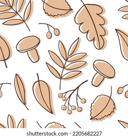 Seamless pattern with cartoon autumn falling leaves. Fun pretty doodle simple vector flat style. October cute hand drawing background. 