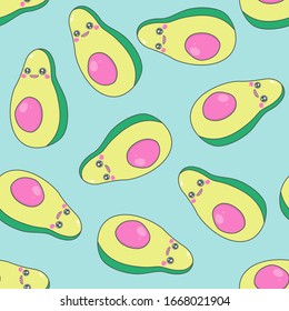 Seamless pattern with cartoon avacado. Cute baby print.  Fruit avocado background.