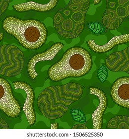 Seamless pattern with cartoon avocado and bone. Halved green avocados. Banner, poster, wrapping paper, modern textile design, promotional material. Vector illustration. 