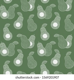 Seamless pattern with cartoon avocado and bone. Halved green avocados. Banner, poster, wrapping paper, modern textile design, promotional material. Vector illustration. 
