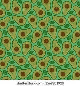  Seamless pattern with cartoon avocado and bone. Halved green avocados. Banner, poster, wrapping paper, modern textile design, promotional material. Vector illustration. 
