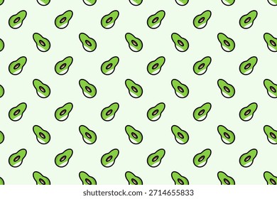 Seamless pattern of cartoon avocado halves on a light green background. Playful, bright design perfect for textiles, packaging, wallpapers, stationery, and modern food themed graphic projects