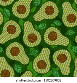 Seamless pattern with cartoon avocado on dark background. Halved green avocados. Banner, poster, wrapping paper, modern textile design, promotional material. Vector illustration. 