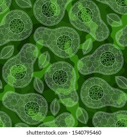 Seamless pattern with cartoon avocado on dark background. Halved green avocados. Banner, poster, wrapping paper, modern textile design, promotional material. Vector illustration. 