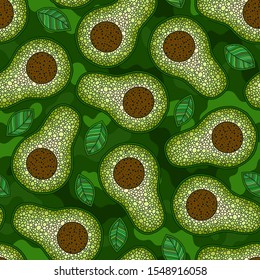 Seamless pattern with cartoon avocado on dark background. Halved green avocados. Banner, poster, wrapping paper, modern textile design, promotional material. Vector illustration. 